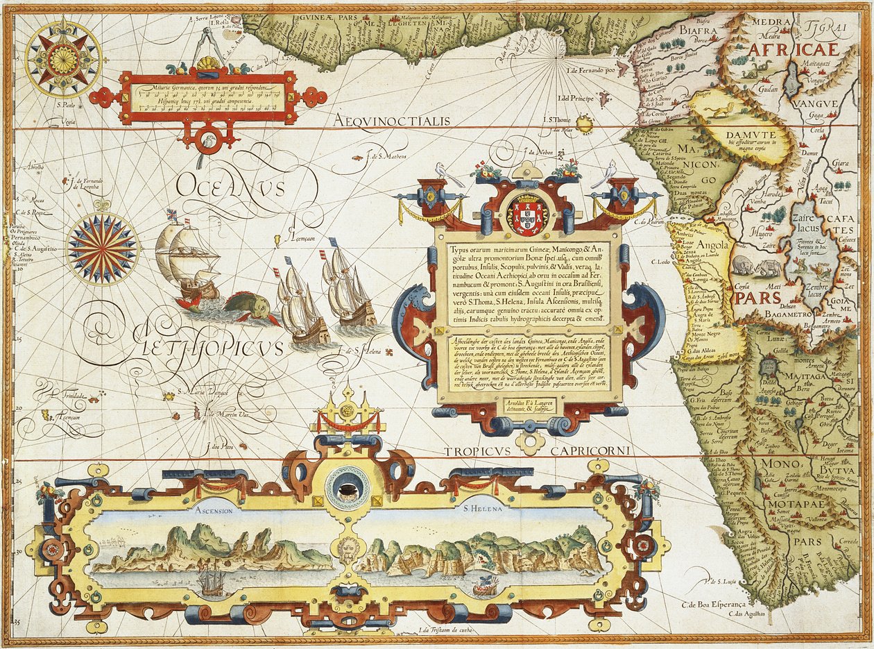 西アフリカの海岸線の地図、1596年（手描きの彫刻） 作： アーノルド・フロレント・ヴァン・ラングレン