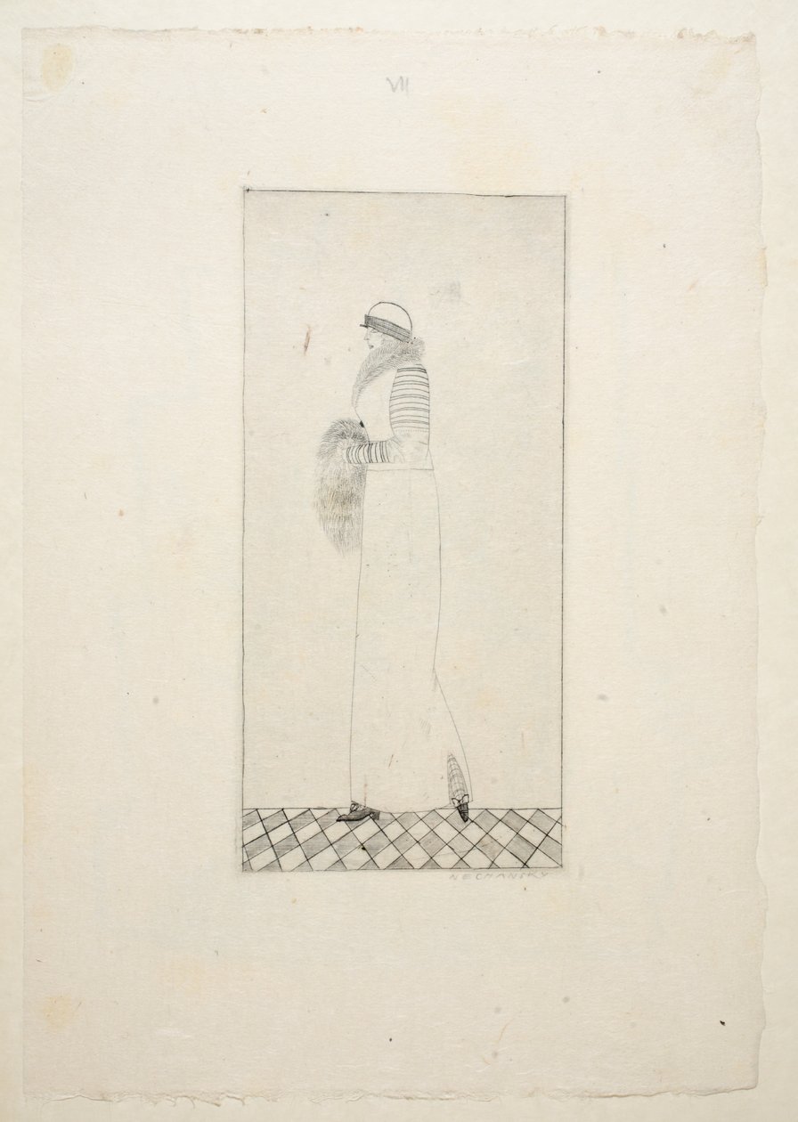 デイドレスのデザイン、プレート7、ブック1、Wiener Werkstatte Mode 191415、pubからのイラスト。エドゥアルドコスマック、ウィーン、1914年〜1915年（手描きのリノカット） 作： アーノルド・ネチャンスキー