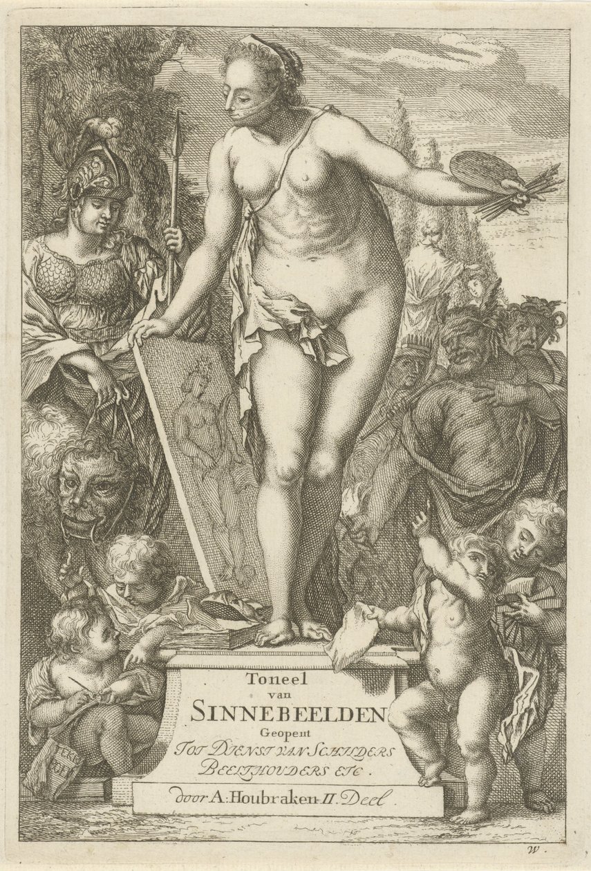台座絵の擬人化 タイトルプリント: Toneel van sinnebedden, second part 画家、画像保持者などのサービスのために開かれたジンネベルデンのシーン (オブジェクトのシリーズ タイトル) 作： アーノルド・ウブラケン