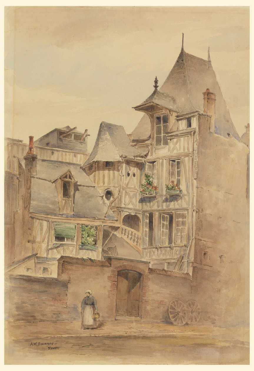 ドローイング、中世の家々のある街並み、1885年頃 作： アーノルド・ウィリアム・ブルナー