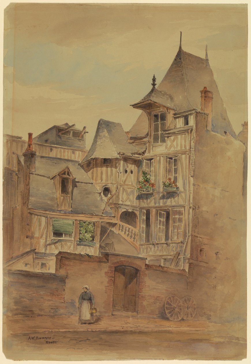 ドローイング、中世の家々のある街並み、1885年頃 作： アーノルド・ウィリアム・ブルナー