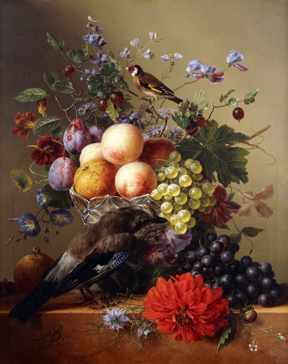 桃の花、ブドウ、プラム、花、ガラスの花瓶に生け垣にジェイ 作： アーノルダス・ブルームス
