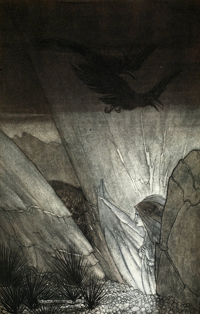「エルダはあなたに注意を払います」、1910年の「ラインゴールドとヴァルキリー」からのイラスト 作： アーサー・ラッカム