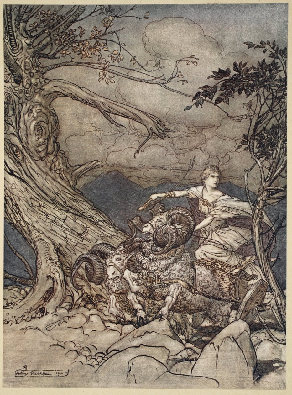 フリッカは怒りで近づいています。「ラインゴールドとヴァルキリー」のイラスト、1910 作： アーサー・ラッカム
