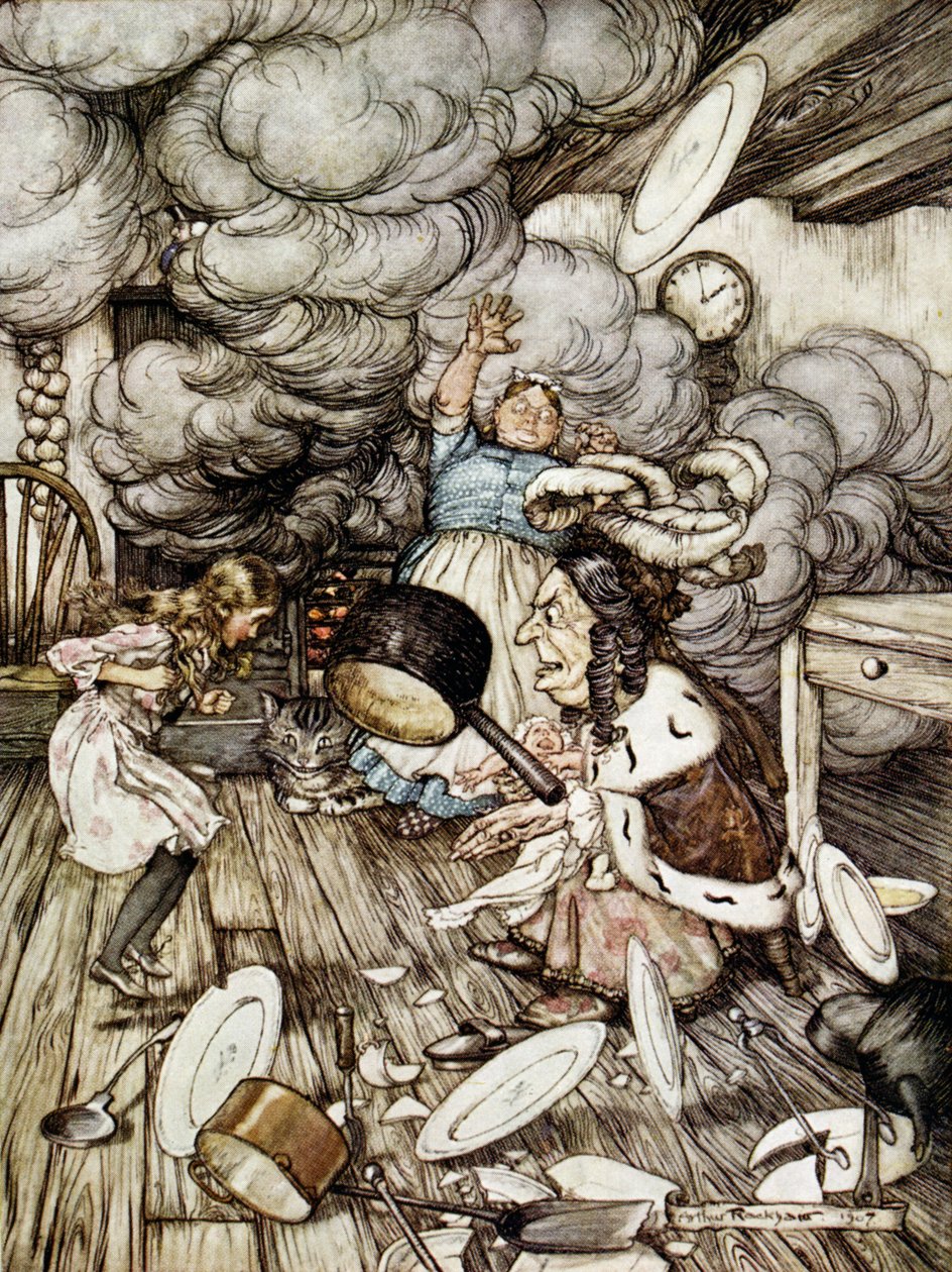 公爵夫人の台所で、ルイス・キャロルによる「不思議の国のアリスの冒険」のイラスト（1832-98）1907 作： アーサー・ラッカム