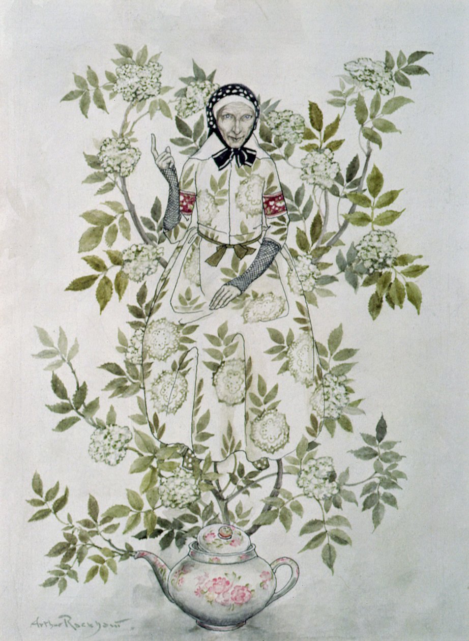 「木の真ん中に親切に見える老婆を座らせた」、ハンス・クリスチャン・アンデルセン（1805-75）による「おとぎ話」からの「エルダー・ツリー・マザー」のイラスト、1932年発行 作： アーサー・ラッカム
