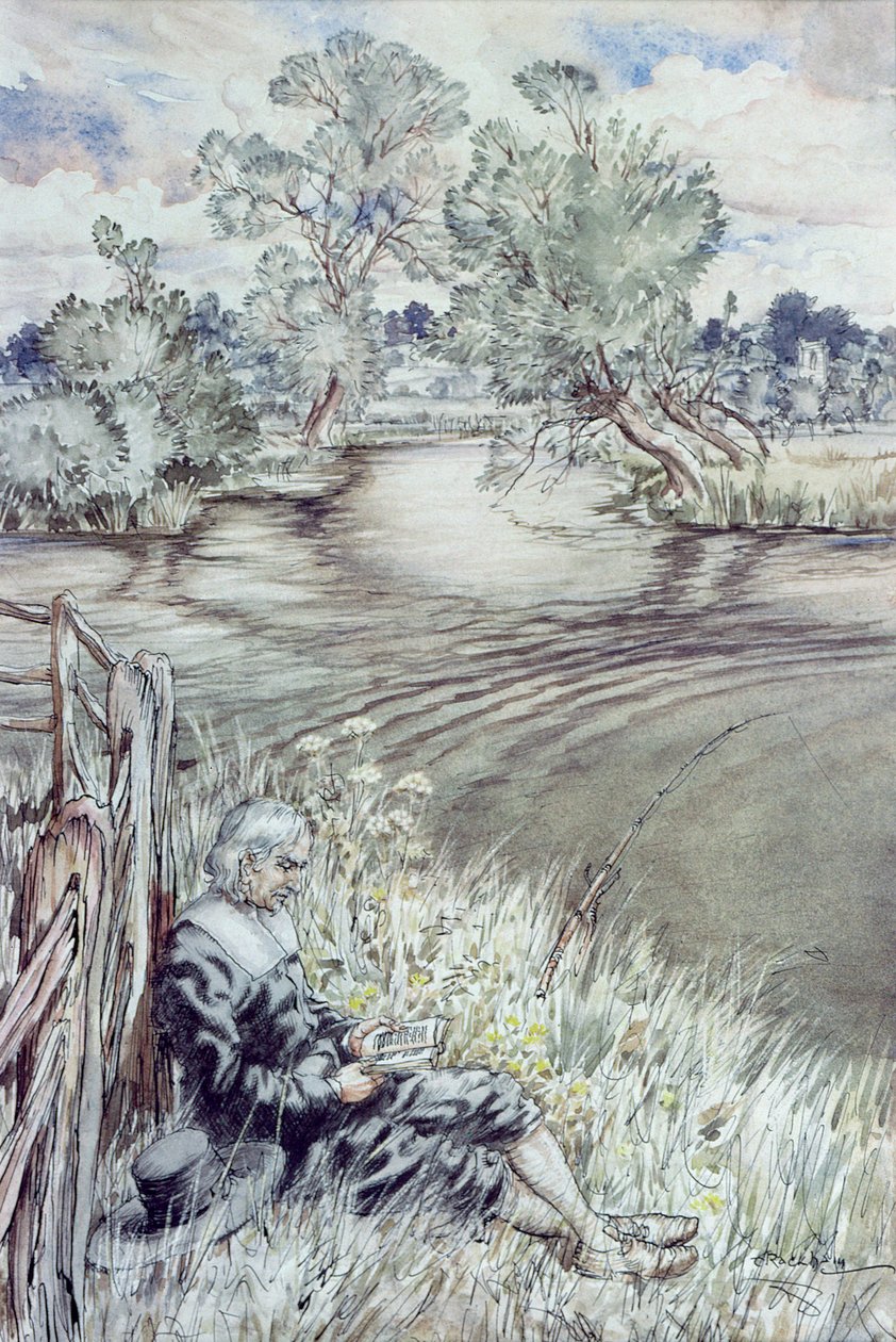 Izaak Walton、1931年Izaak Waltonによる「The Compleat Angler」より、フェンスに寄りかかってリクライニング 作： アーサー・ラッカム
