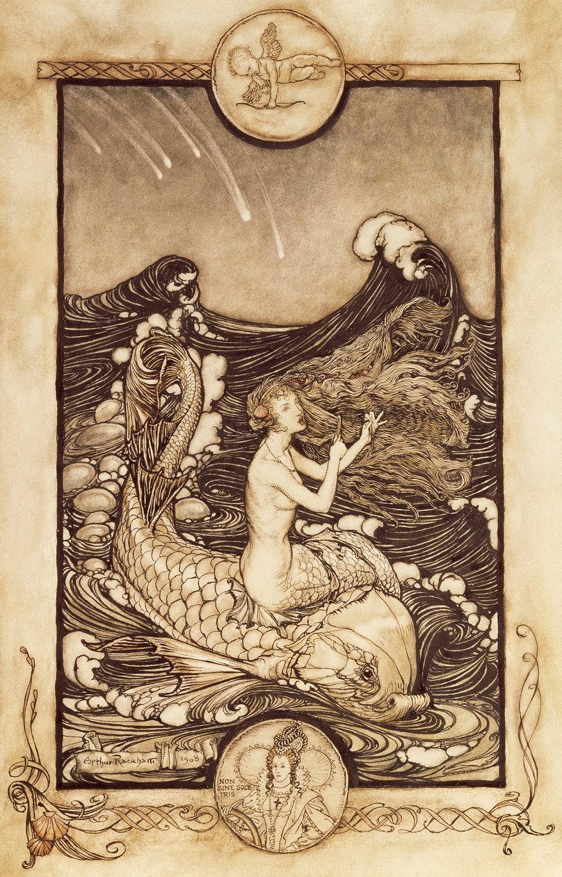 「真夏の夜の夢」からの人魚とイルカ、1908 作： アーサー・ラッカム