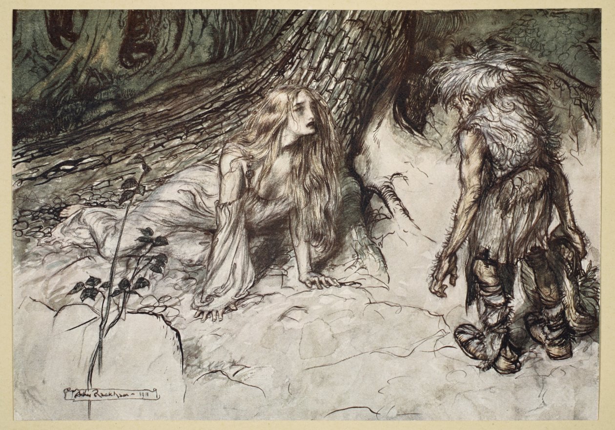 Mimeが森の中でジークフリートの母親を発見、1924年「ジークフリートと神々の黄昏」のイラスト 作： アーサー・ラッカム
