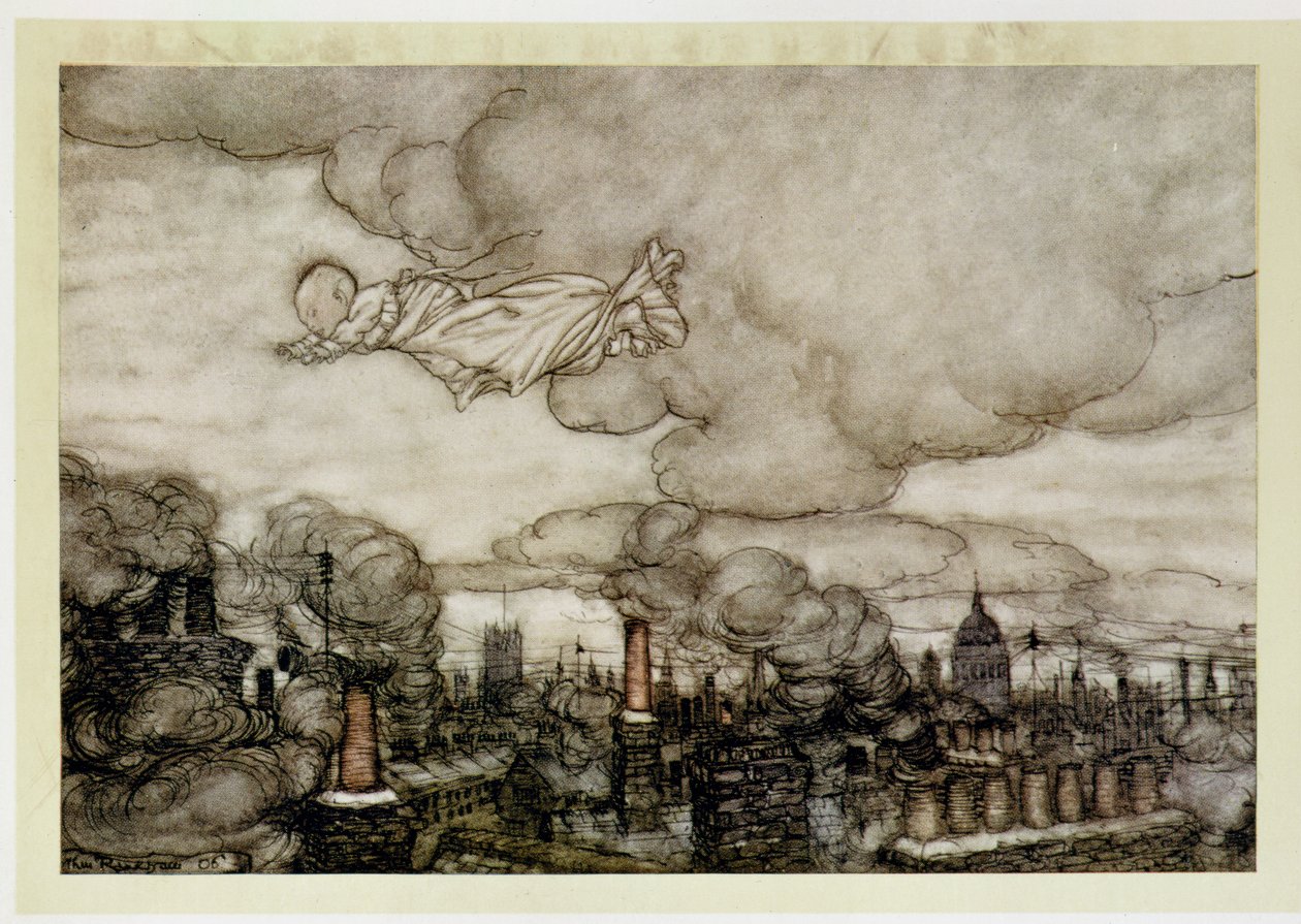 ロンドン上空を飛行するピーターパン、JMバリーによる「ピーターパン」のイラスト（1860〜1937） 作： アーサー・ラッカム