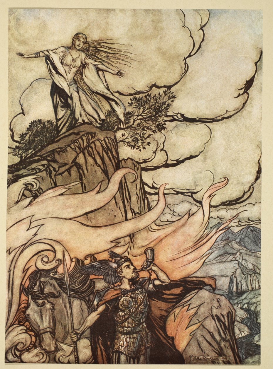 ジークフリートが冒険を求めてブルンヒルデを去る、「ジークフリートと神々の黄昏」のイラスト、1924 作： アーサー・ラッカム