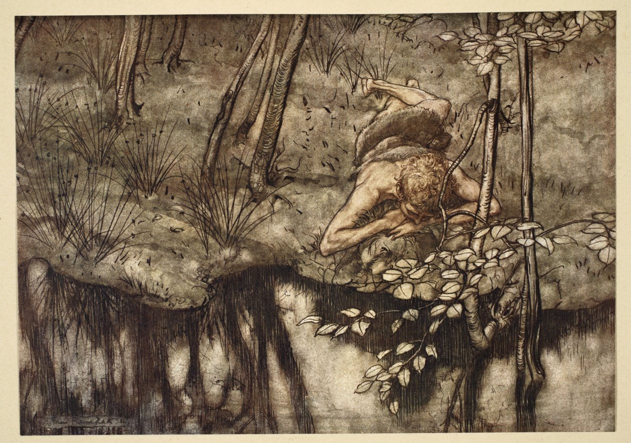 ジークフリートは流れの中で自分を見ます、「ジークフリートと神々の黄昏」、1924年からのイラスト 作： アーサー・ラッカム