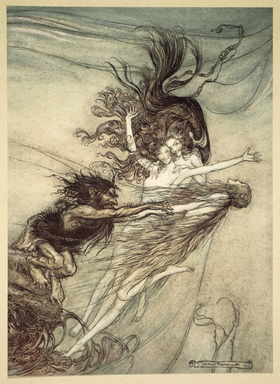 1910年の「ラインゴールドとヴァルキリー」からのイラスト、アルベリッヒをからかうラインメイデン 作： アーサー・ラッカム