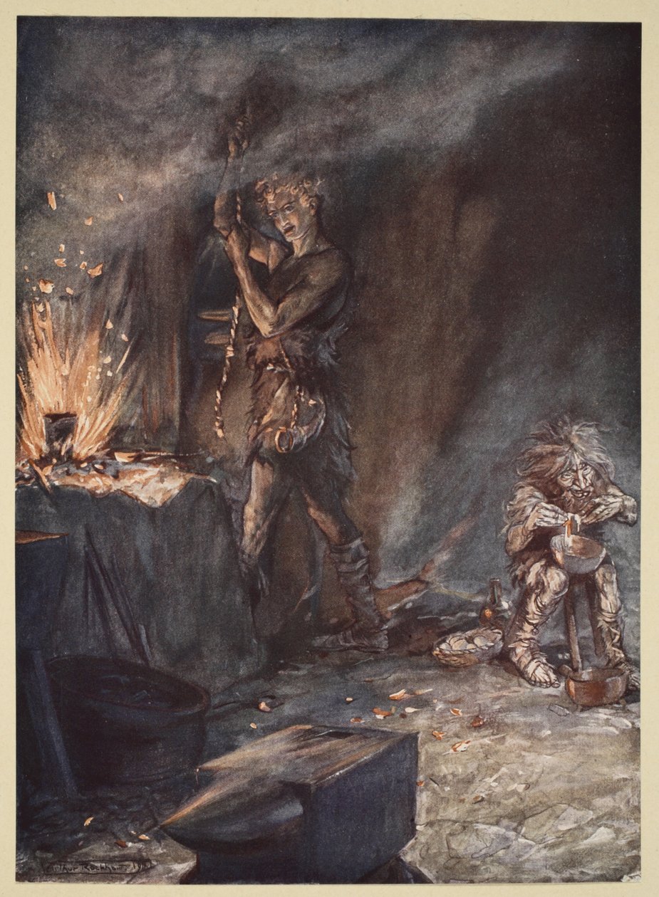 ノトゥングの鍛造、1924年の「ジークフリートと神々の黄昏」のイラスト 作： アーサー・ラッカム