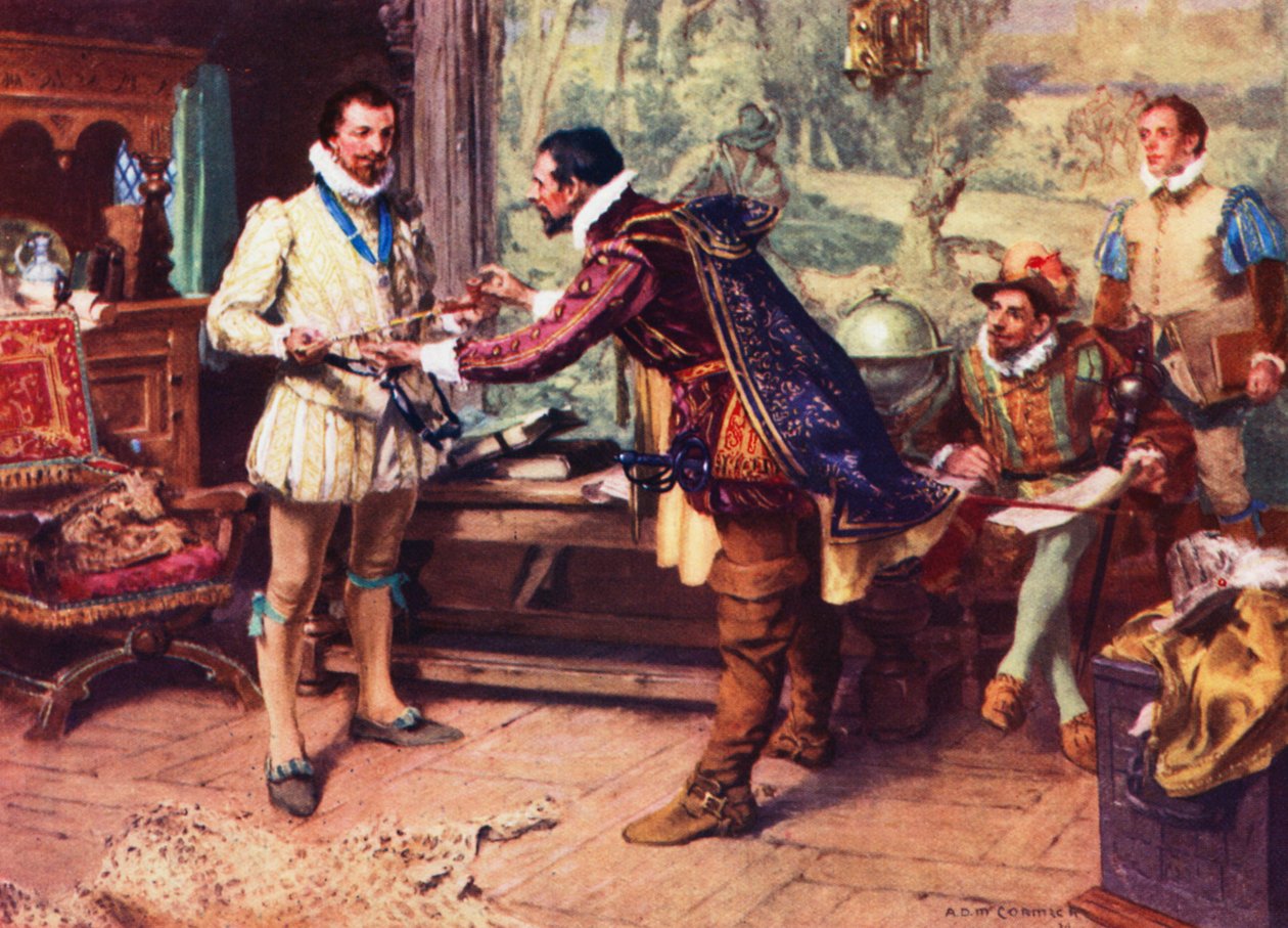 1586年、ウォルター・ローリー卿にインディアン・パイプを贈るヴァージニア州初代州知事ラルフ・レイン。 作： アーサー・デビッド（後）マコーミック