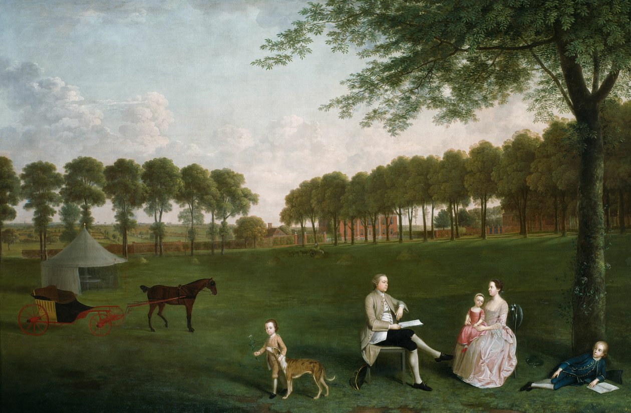 1761 年、ケント州エルサム ロッジの公園にいるサー ジョン ショーとその家族。 作： アーサー・デヴィス