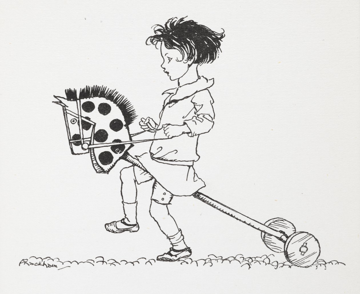 おもちゃの趣味の馬に乗った少女。 作： アーサー・ラッカム