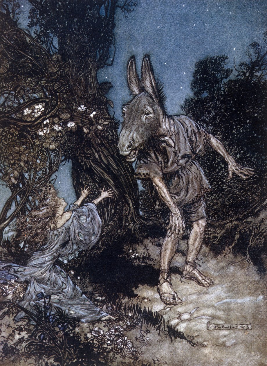 ロバ男のボトムと料金の女王タイタニア。アーサー・ラッカム（1867-1939）によるウィリアム・シェイクスピア作「夏の夜の夢」の挿絵 作： アーサー・ラッカム