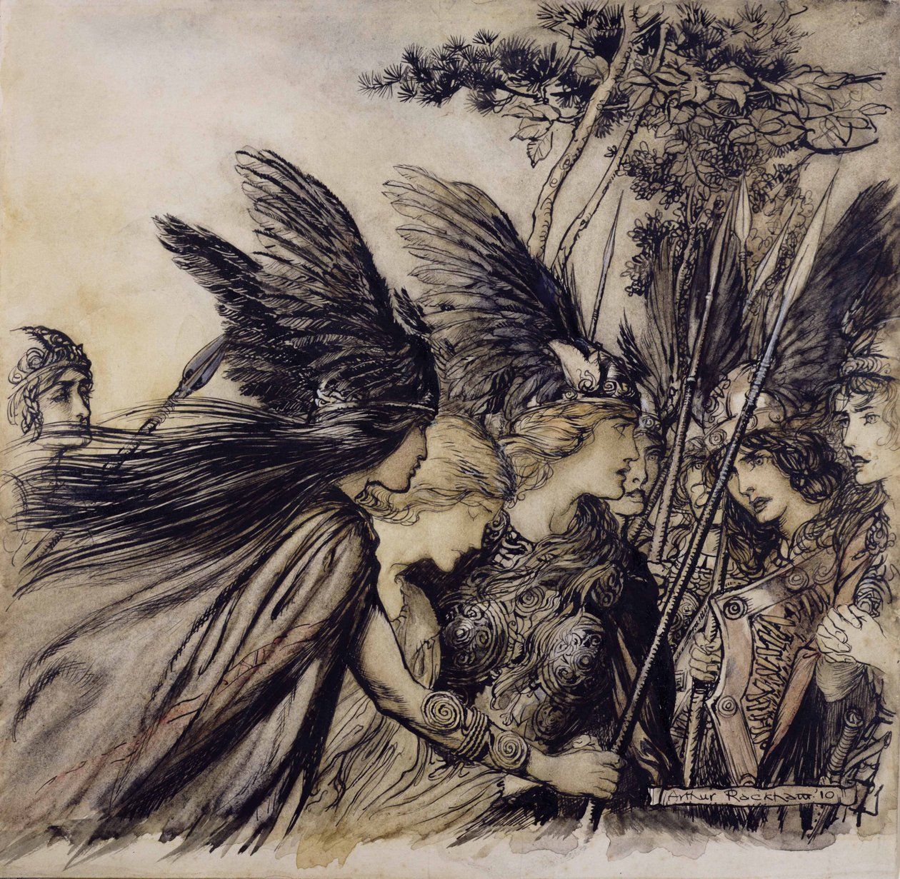 Brunnhilde Implores the Valkyries、The Rhinegold and the Valkyrieのイラスト、リチャードワーグナー著、1910年発行の版（紙、ペン、インク、トイレ） 作： アーサー・ラッカム