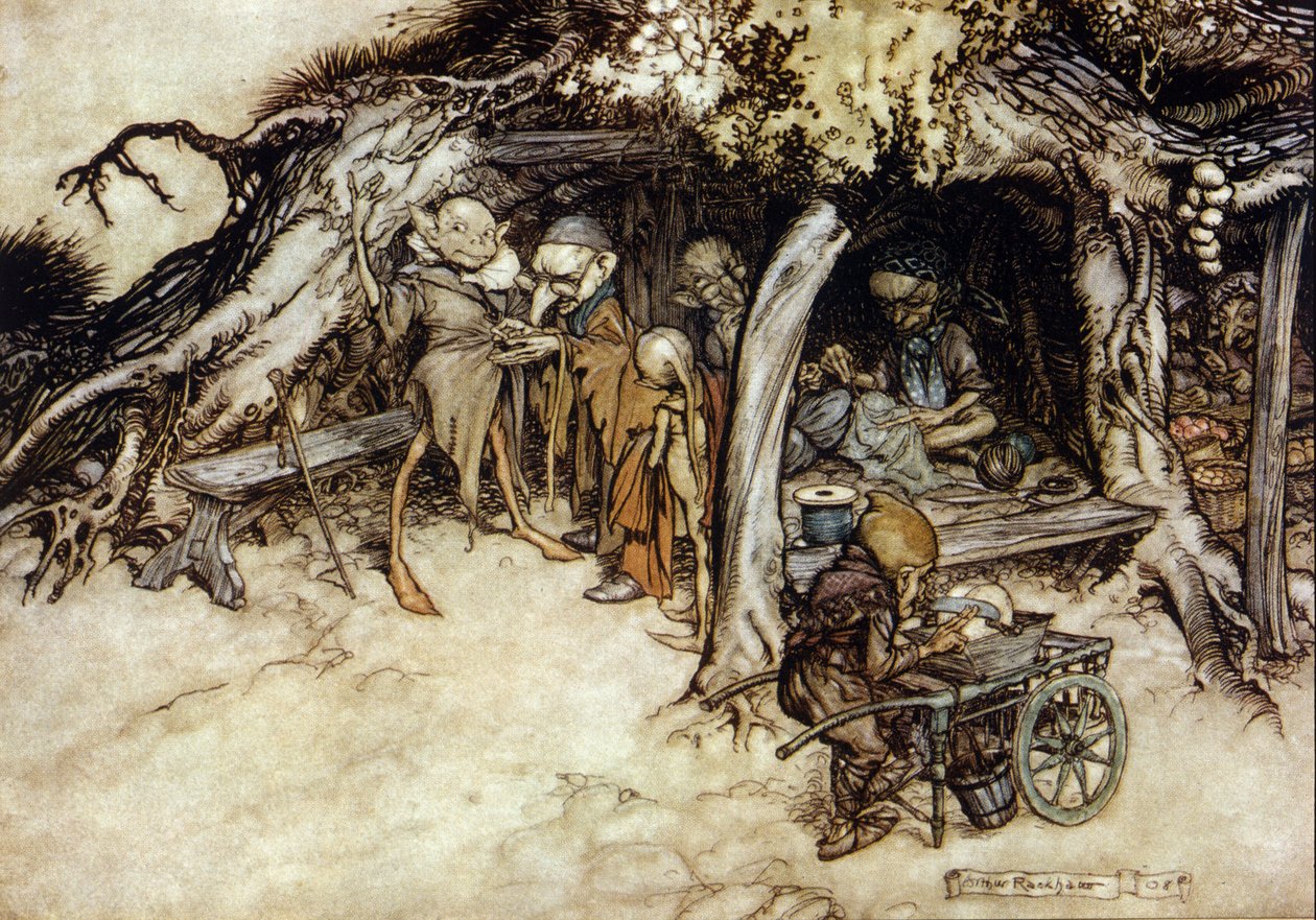 エルフがジャケットを作る、アーサー・ラッカム（1867-1939）による