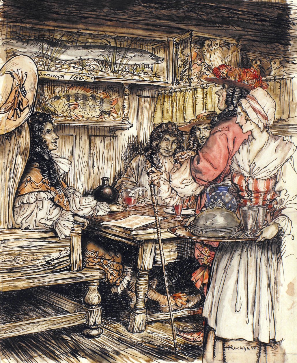 ウェストミンスターのキングストリートにある喫茶店の1つに行ってみてください。イラストは、アイザックウォルトン作のThe Compleat Angler、1931年です（ペンとインク、紙に水彩）。 作： アーサー・ラッカム