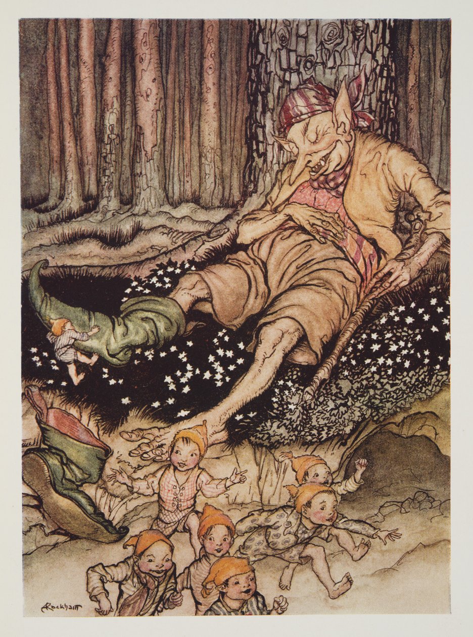 Hop-o-my-thumbはOgreにそっと近づき、パブのThe Arthur Rackham Fairy Bookから7リーグのブーツを脱ぎました。 1933 作： アーサー・ラッカム