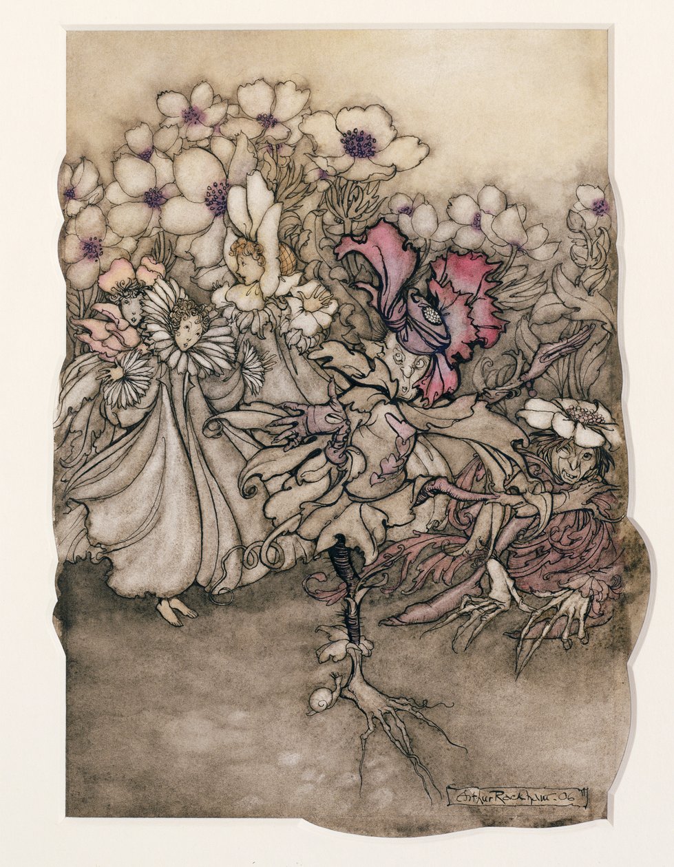 JMバリー（1860-1937）によるケンジントンガーデンズのピーターパンのイラスト1906（紙にトイレ付きのペンとインク） 作： アーサー・ラッカム