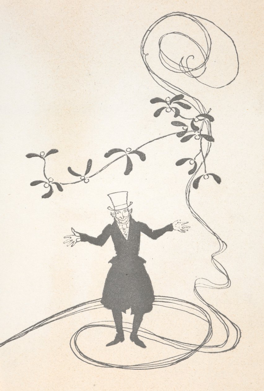 Ilustração de Scrooge, retratado com um raminho de visco parecendo feliz. 作： アーサー・ラッカム