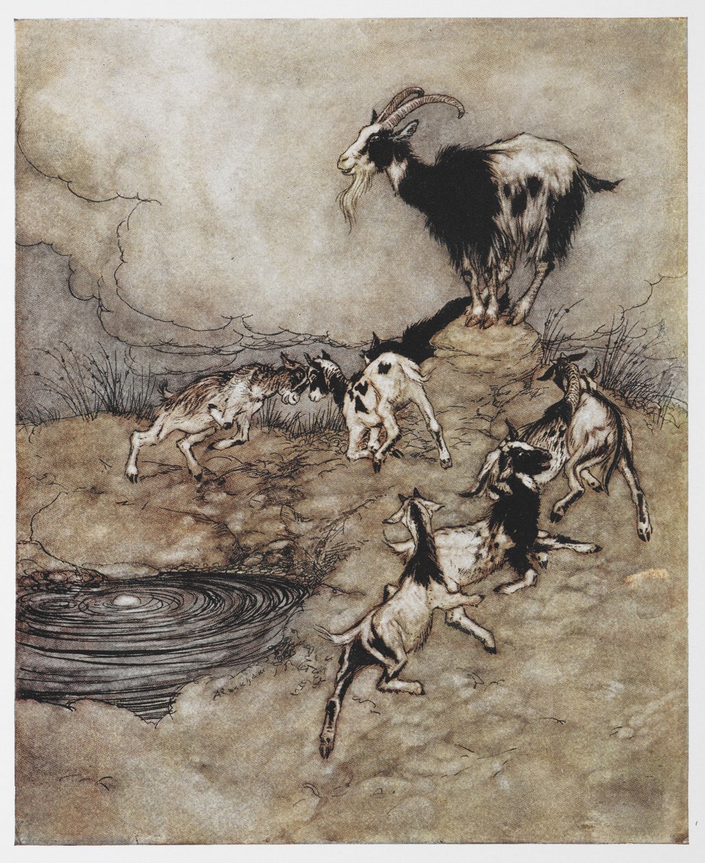 Ilustração de uma cabra e seus filhos brincando de O Lobo e os Sete Filhos. 作： アーサー・ラッカム