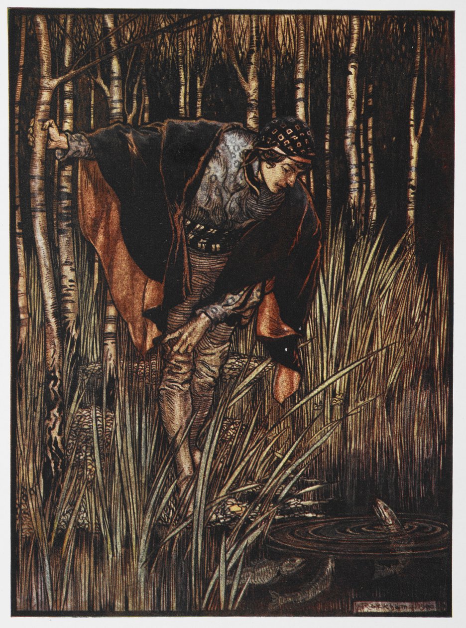 Ilustração de um jovem em um lago de The White Snake. 作： アーサー・ラッカム