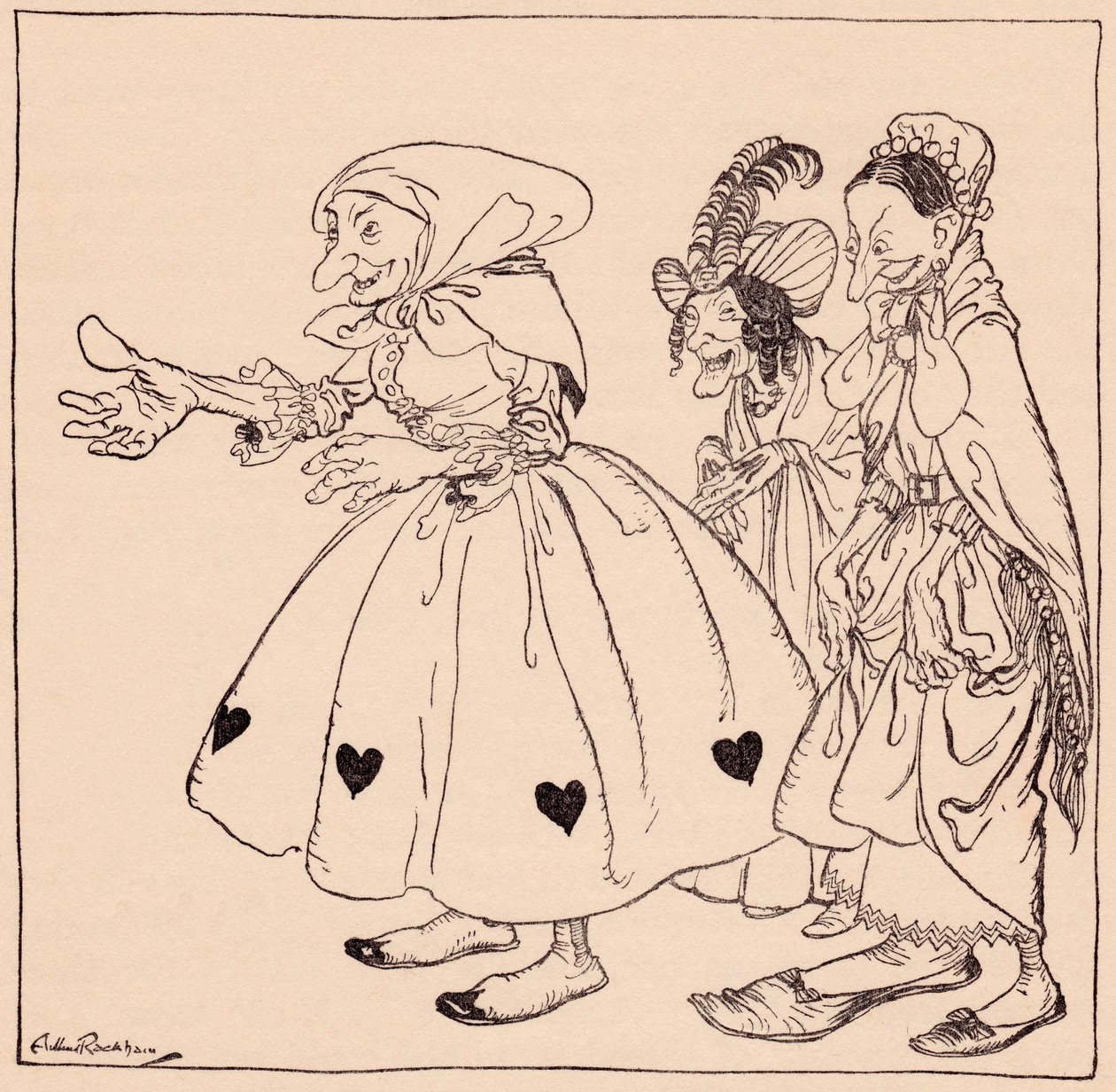 奇抜な服装をした三人の女性が入ってきた。 イラストはグリム童話「紡ぐ三人の女」のアーサー・ラッカム。 作： アーサー・ラッカム