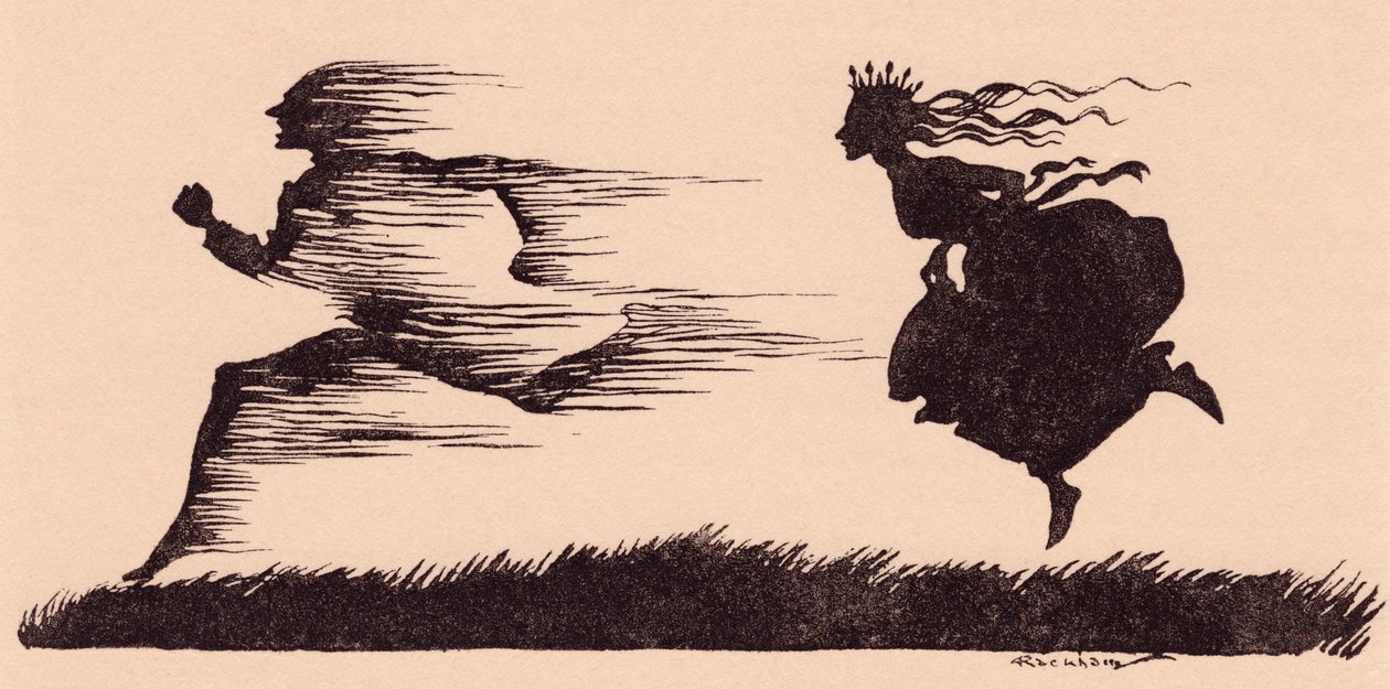 まるで風が口笛を吹いたかのようでした。 グリム童話の Arthur Rackham によるイラスト、How Six Men Got On In The World. 作： アーサー・ラッカム