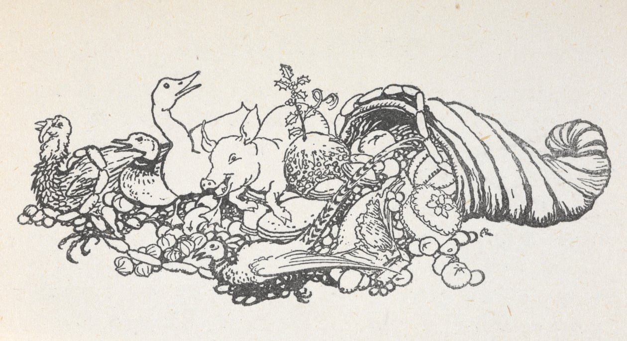Items from a Christmas feast spilling out from a horn-shape. Items include a Christmas pudding, sausages, a turkey, a pig, a duck, a pheasant, a pie and fruits.   1454008   ja       japanese Successfully Translated  Original: St Francis and St Peter, by Ta 作： アーサー・ラッカム
