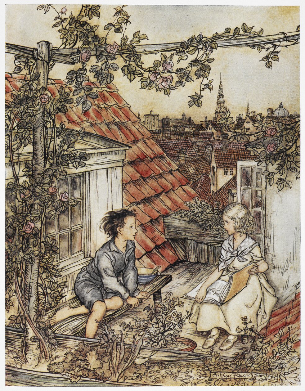 "Kay and Gerda in their garden high up on the roof