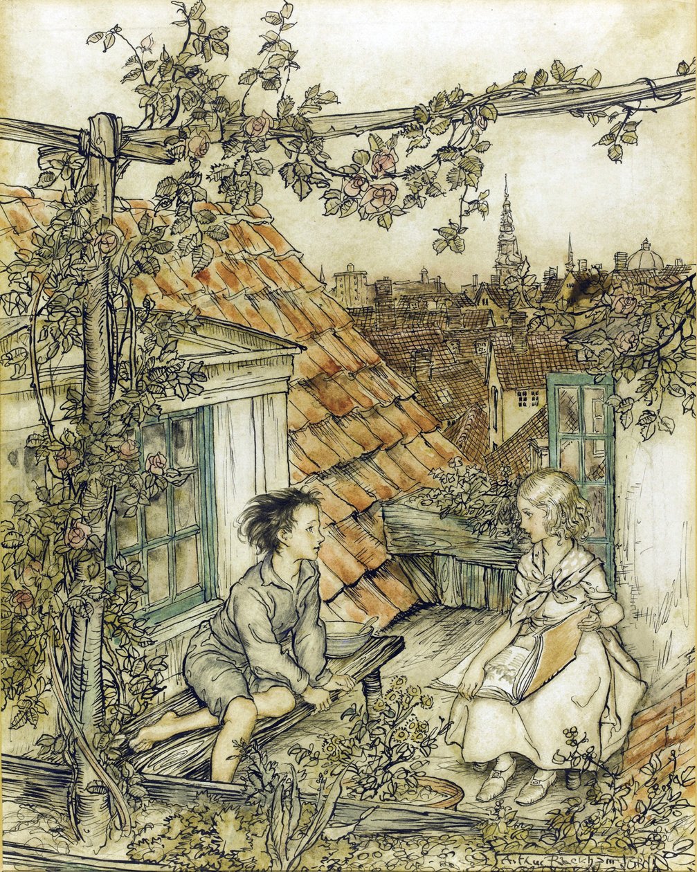 La Reine des neiges - 屋根の上の高い位置にある庭でのケイとゲルダ。雪の女王」の物語のためのイラストレーション par Rackham, Arthur (1867-1939) 作： アーサー・ラッカム