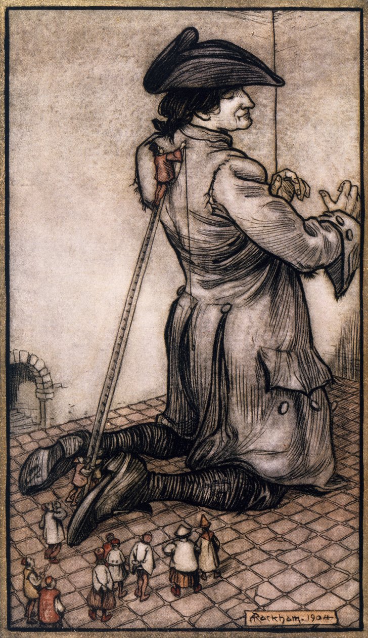 Lilliputian tailors measuring Gulliver to make him new suit, illustration by Arthur Rackham (1867-1939) from Gulliver