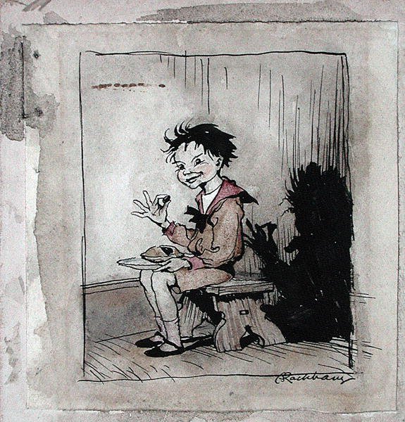 リトル・ジャック・ホーナー（1913年出版の「マザーグース、古い童謡」からのイラスト）（紙にペンとインク、水彩画 作： アーサー・ラッカム