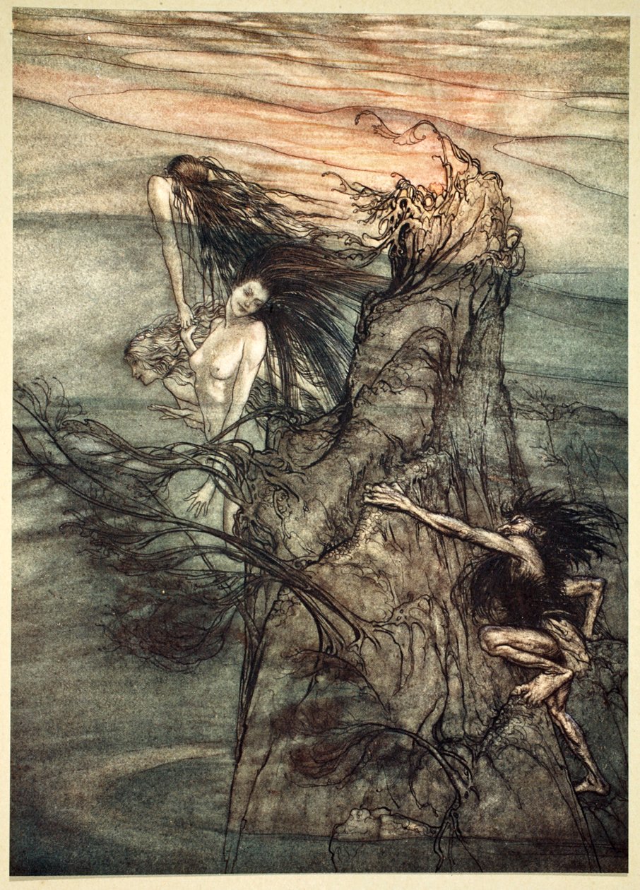 「あざけって！ モック！ ニーベルングはあなたのおもちゃになります！」、1910年。 作： アーサー・ラッカム