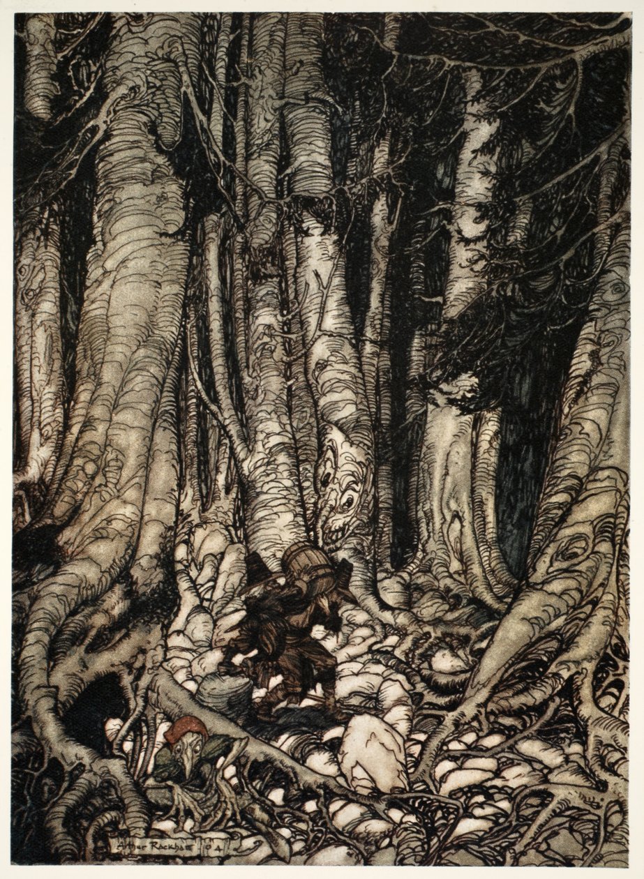 お互いを助け合って、彼らは狭いガリーをよじ登った。 1910 作： アーサー・ラッカム