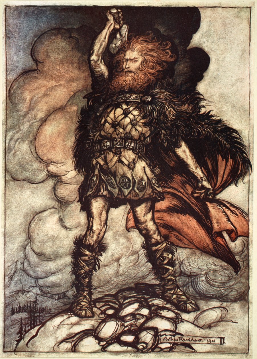 「神々の一人、ドンナーが霧を呼び寄せる」、1910年。 作： アーサー・ラッカム