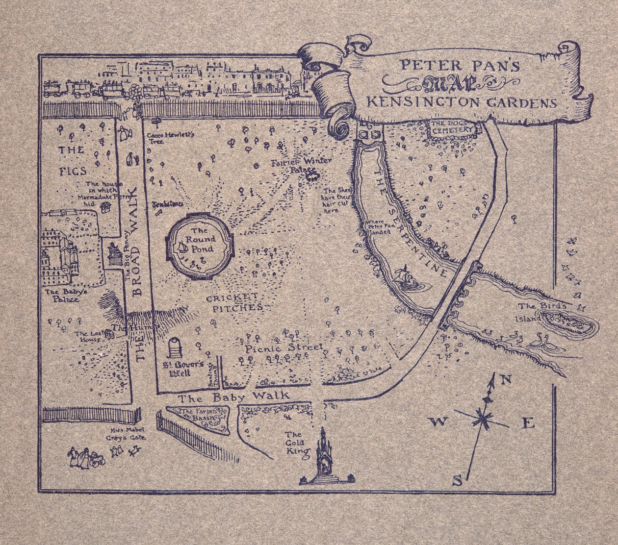 ピーターパンJMバリー（1860-1937）著、パブのケンジントンガーデンのピーターパンのケンジントンガーデンの地図。 1906 作： アーサー・ラッカム