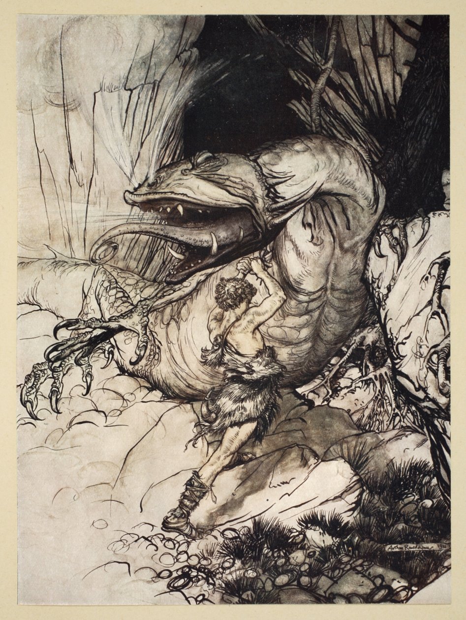 ジークフリートがファフナーを殺す、「ジークフリートと神々の黄昏」のイラスト、1924 作： アーサー・ラッカム