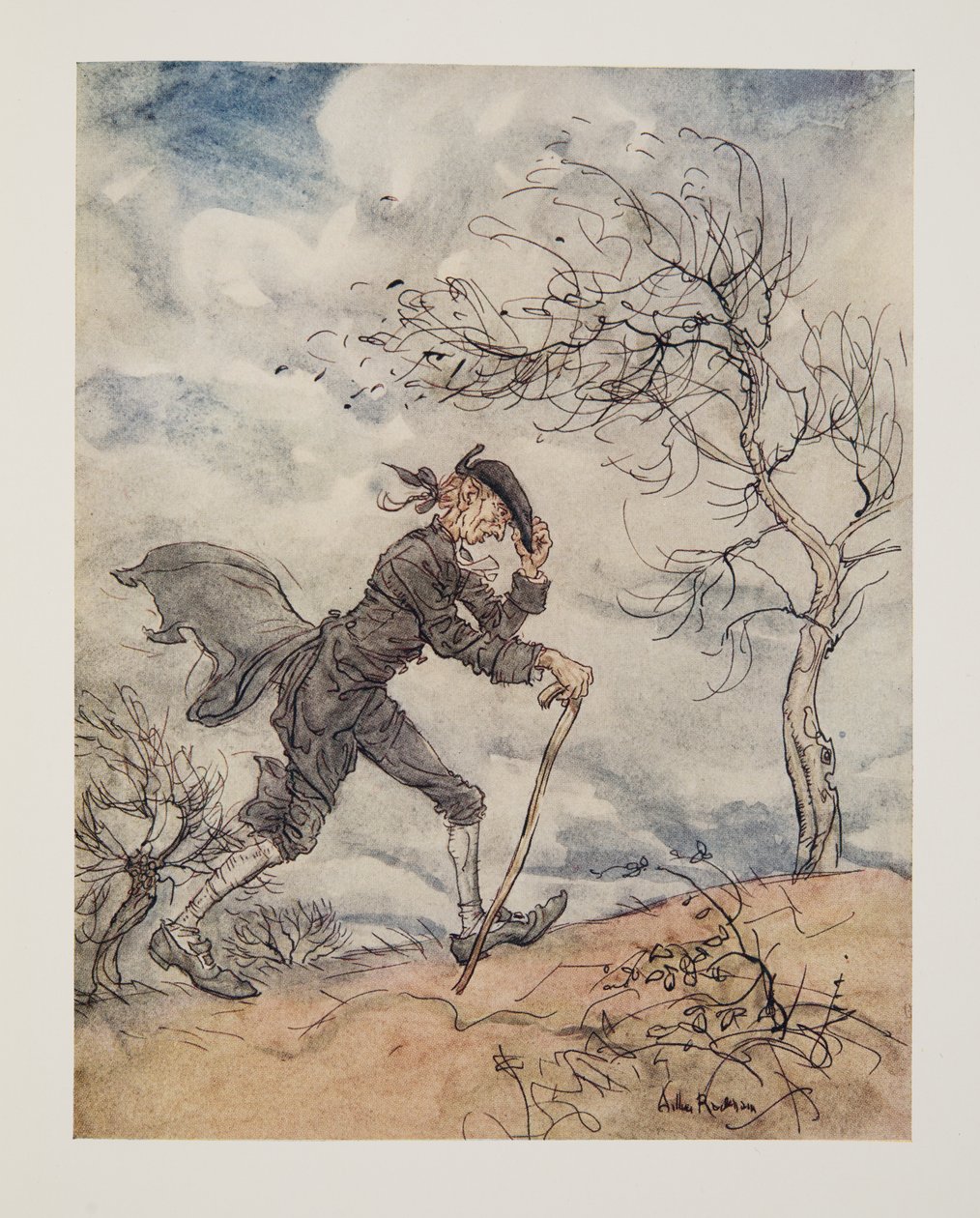 風の強い日に丘のプロファイルに沿って歩きます。WashngtonIrvingによるThe Legend of Sleepy Hollow（1783-1859）のパブから。 1928 作： アーサー・ラッカム