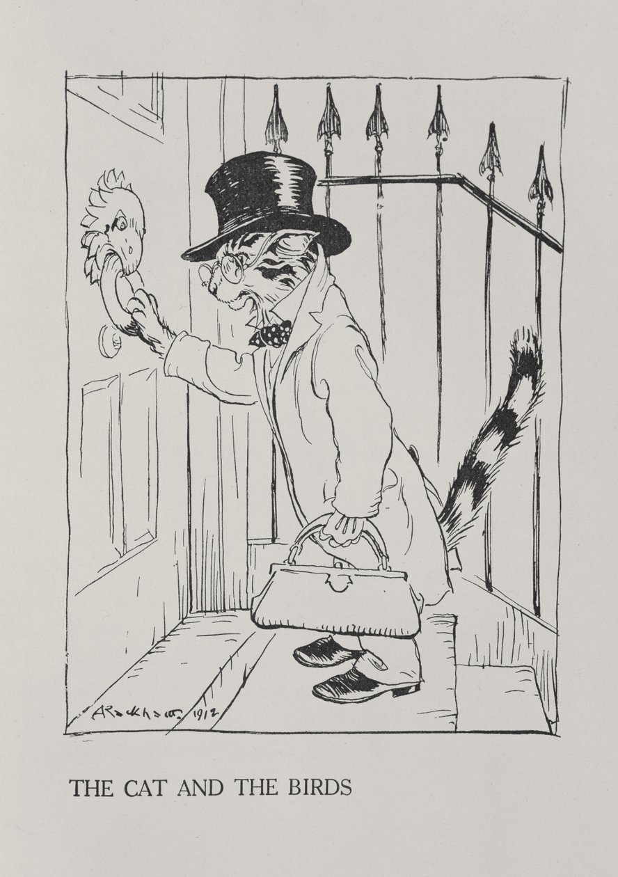 猫と鳥、「イソップ寓話」のイラスト、ハイネマン発行、1912 作： アーサー・ラッカム