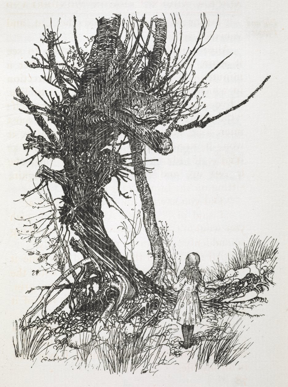O Cheshire Cat em uma árvore olhando para Alice 作： アーサー・ラッカム