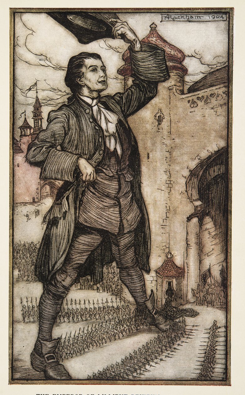 ジョナサン・スウィフト（1667-1745）の『ガリバー旅行記』より「リリパットの皇帝が軍隊を閲兵する」。1909年（カラーリトグラフ）。 作： アーサー・ラッカム