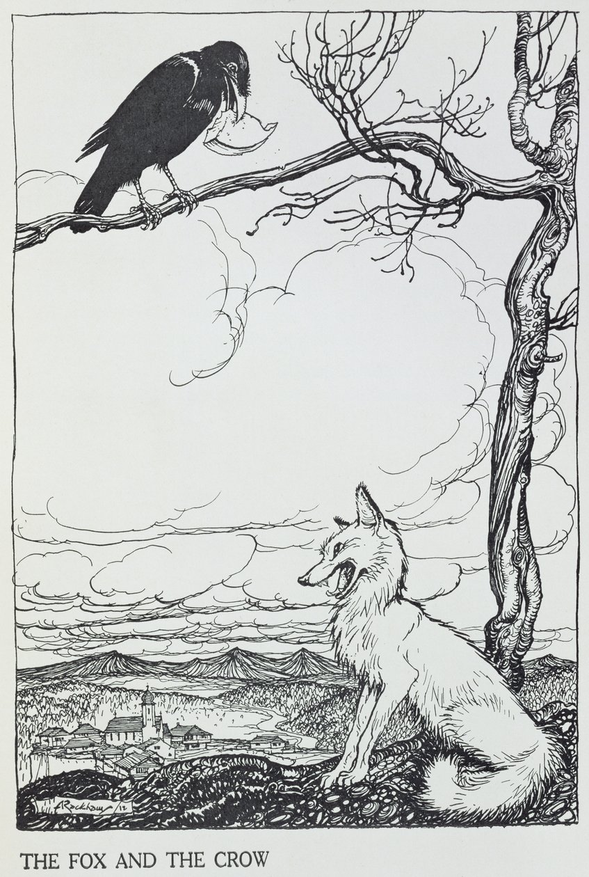 キツネとカラス、「イソップ寓話」のイラスト、ハイネマン発行、1912年（彫刻） 作： アーサー・ラッカム