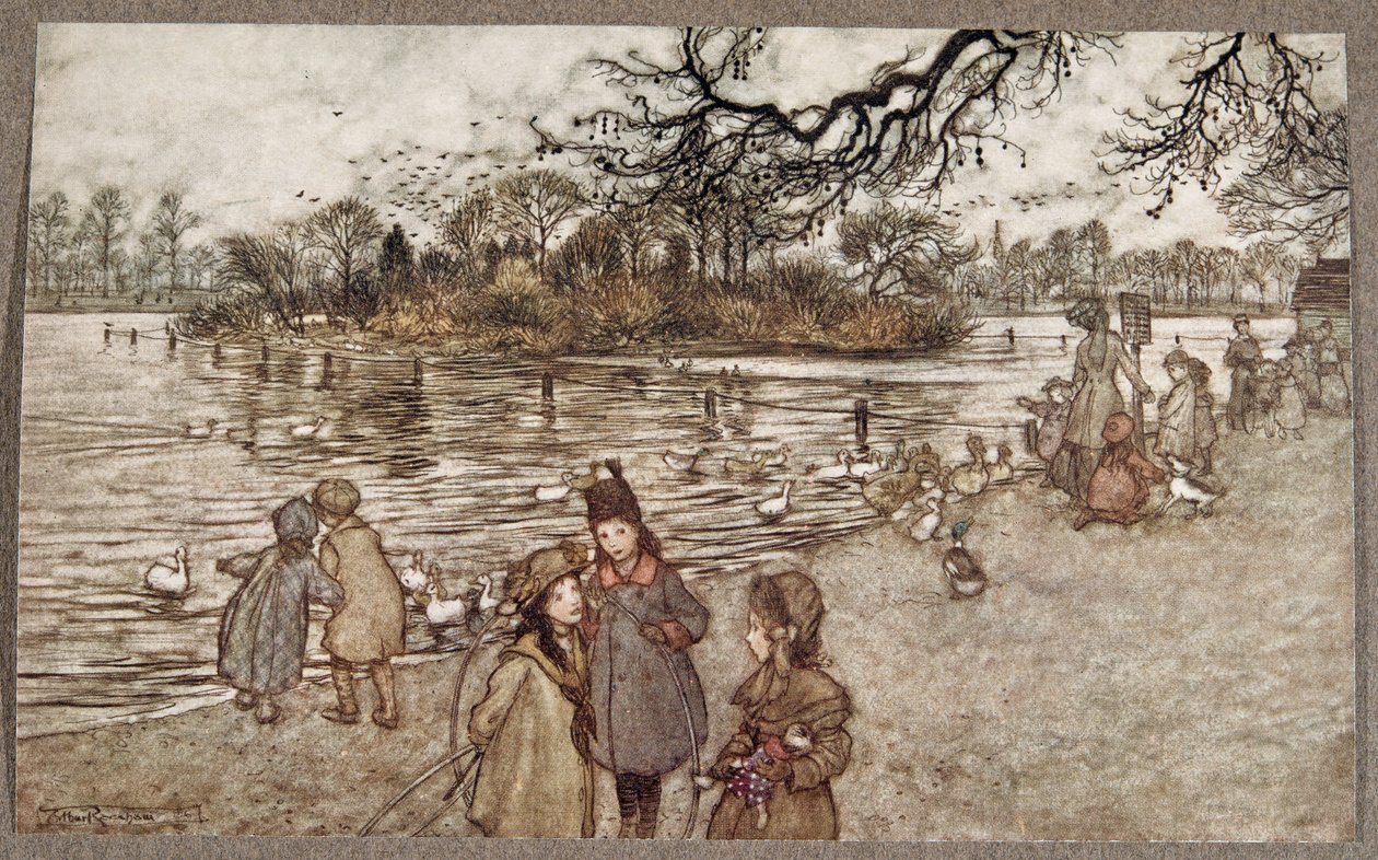 JMバリー（1860-1937）によってケンジントンガーデンズのピーターパンからパブのすべての鳥が生まれ、男の子と女の子になった島。 1906 作： アーサー・ラッカム