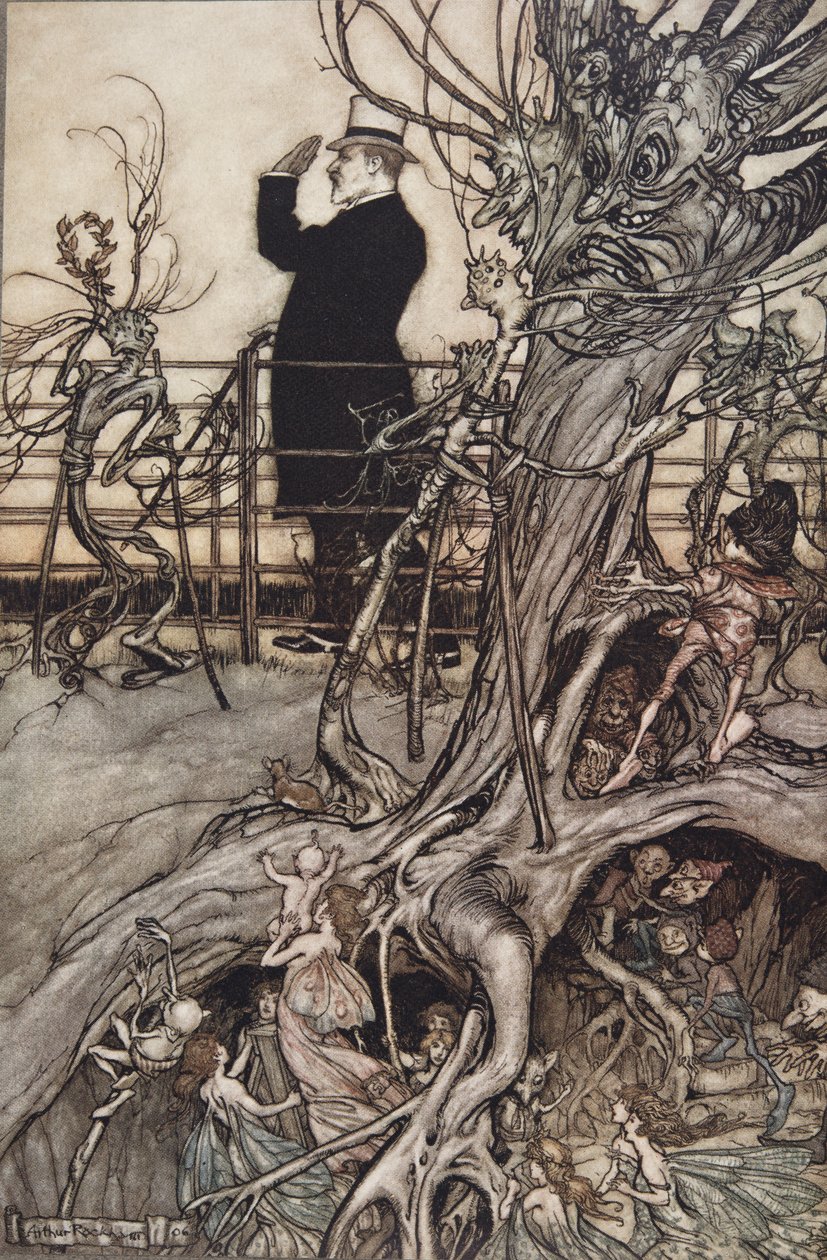 ケンジントンガーデンはロンドンにあり、王様が住んでいる......」J・M・バリー（1860〜1937）の『ケンジントンガーデンのピーターパン』から、1906年に出版された。1906年（カラーリトグラフ 作： アーサー・ラッカム