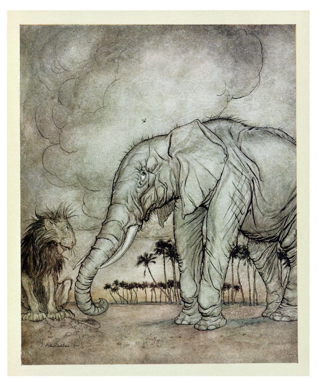 ライオン、木星、象、「イソップ寓話」のイラスト、ハイネマン発行、1912 作： アーサー・ラッカム